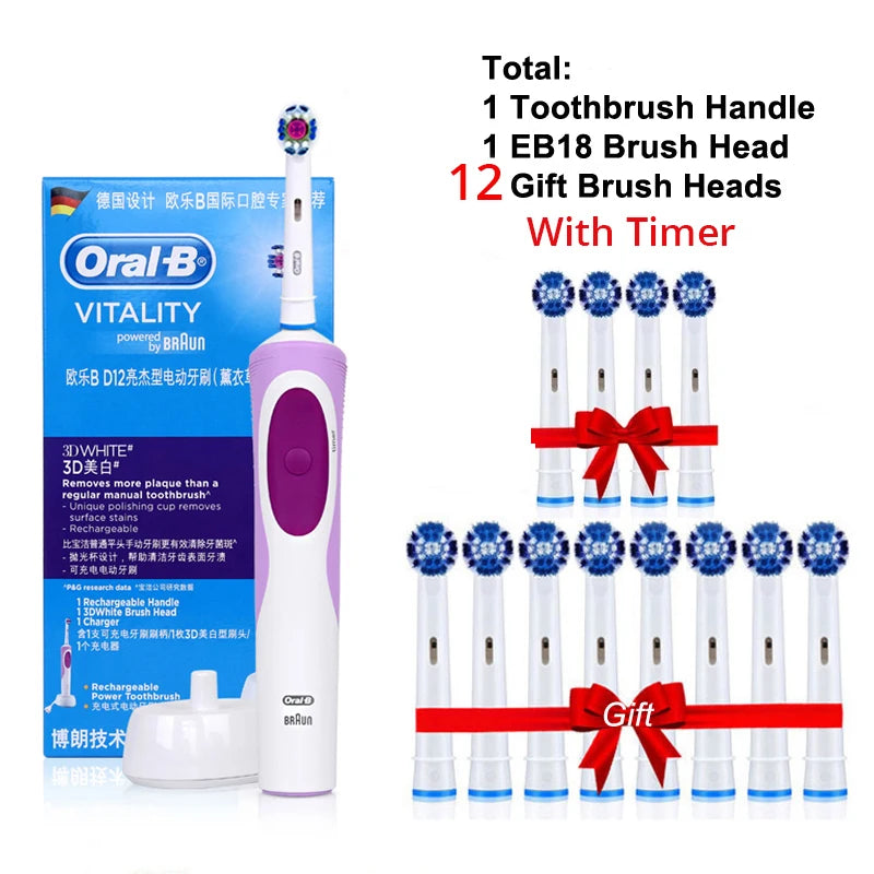Cepillo de dientes eléctrico Oral B para adultos, recargable, con rotación, blanqueamiento 3D y cabezales de regalo.