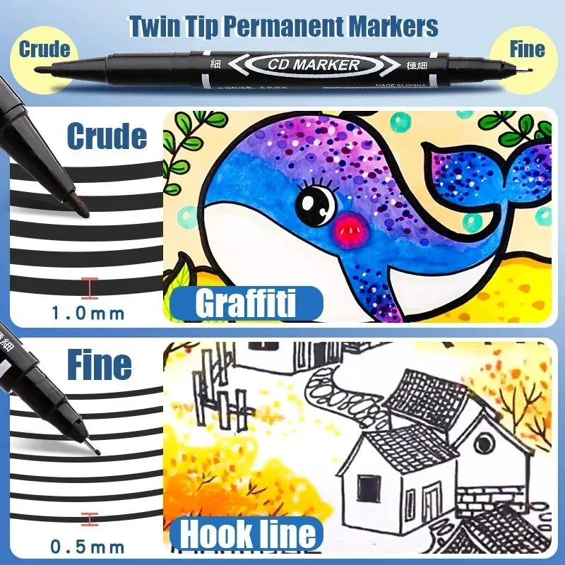 10Pcs Double Tip Permanent Markers Pens Waterproof Oily Fine Tip Black Painting Marker Graffiti Marking Pens School Supplies