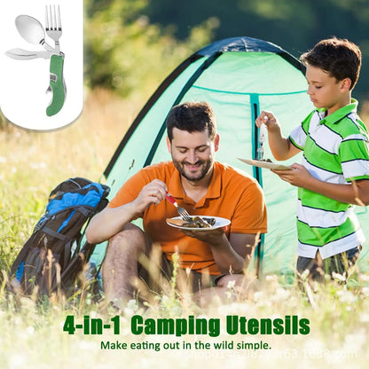 7 in 1 Multifunctional Outdoor Tableware Survival Tools Stainless Steel Foldable Fork Spoon Knife Picnic Camping Dinnerware