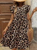 Women's Plus Size Leopard Print Dress - Elegant Ruffle Hem Crew Neck Flutter Sleeves Stretchy Polyester Blend, Perfect for Sp