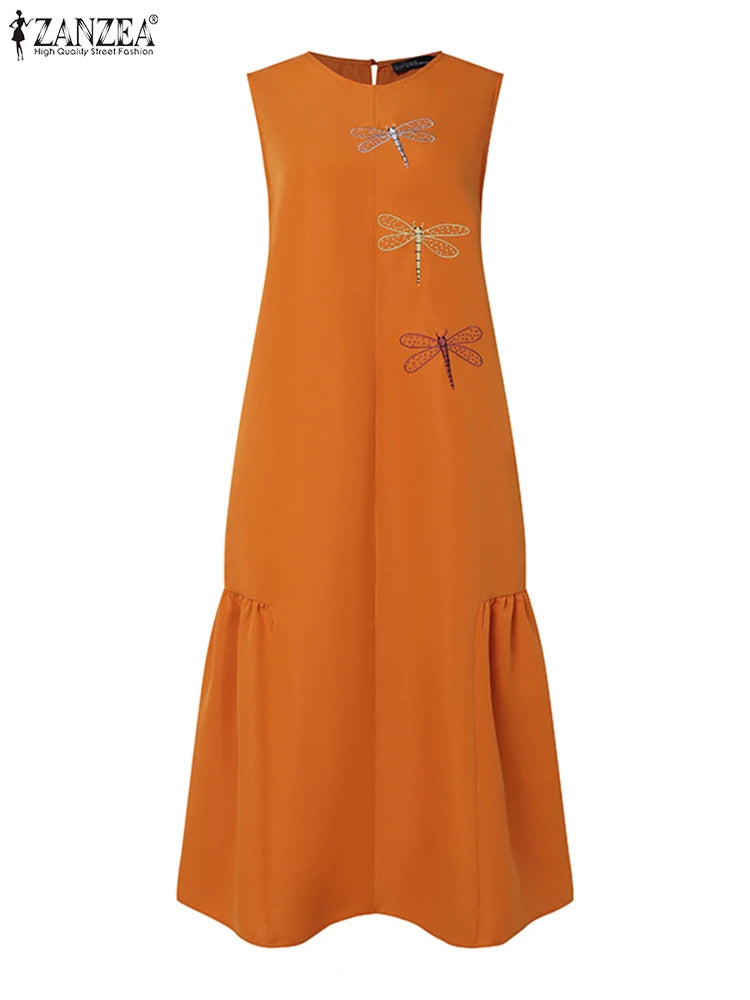ZANZEA Women Casual Holiday Dragonfly Embroidery Midi Dress Summer Fashion O Neck Sleeveless A-line Dresses Ruffled Hem Robes