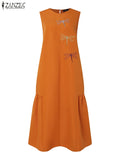 ZANZEA Women Casual Holiday Dragonfly Embroidery Midi Dress Summer Fashion O Neck Sleeveless A-line Dresses Ruffled Hem Robes