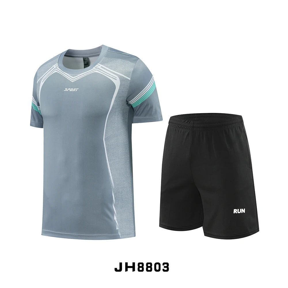 Fitness Clothes Ice Silk Quick Drying T-shirt Suit Men Short Sleeve Running Sportswear Shorts Tracksuit Gym Sports Training Sets