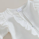 Pudcoco - Mono de otoño para bebé niña, color liso, cuello redondo, mangas voladoras, volantes, cremallera y diadema con lazo, 0-12 meses