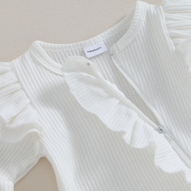 Pudcoco - Mono de otoño para bebé niña, color liso, cuello redondo, mangas voladoras, volantes, cremallera y diadema con lazo, 0-12 meses