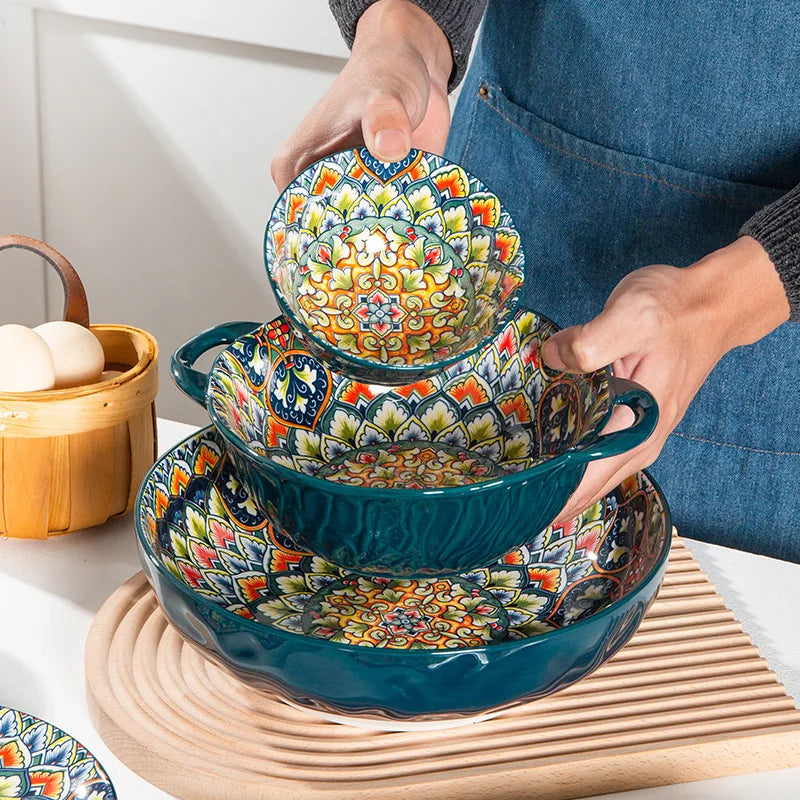 1Pcs Bohemia Retro Ceramic Dinner Plates Sets Food Plate Household Tableware Set Breakfast Plates Salad Soup Bowls Dinnerware