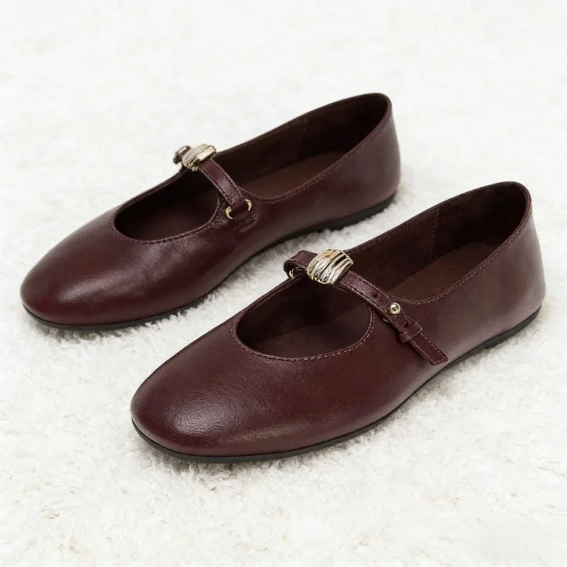 Luxury Metal Decoration Ballet Flats Women Retro Round Toe Soft Leather Mary Jane Shoes Light Soft Sole Comfortable Casual Shoes