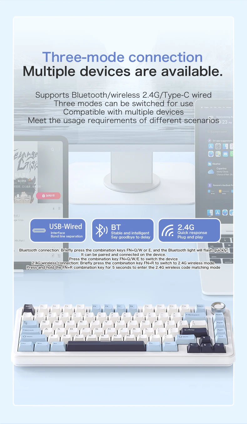 75% Hot-Swap Gaming Keyboard, Wireless FREEWOL F75 RGB Mechanical Keyboard with Metal Knobs, AULA F75 Same Model, Tri-Mode, 4000 mAh
