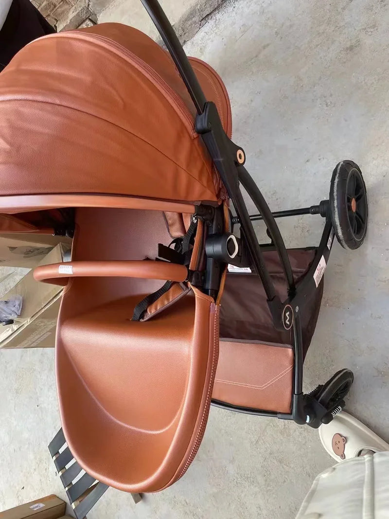 Baby Stroller 3in1,Luxury Baby Carriage with Car Seat,Eggshell Newborn Stroller Leather High Landscape PU leather