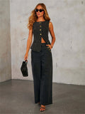 Streetwear Denim 2 Piece Sets Women Outfit Summer Clothes Women 2025 Sleeveless Vest Top Wide Leg Pants Sets Jeans Two Piece Set