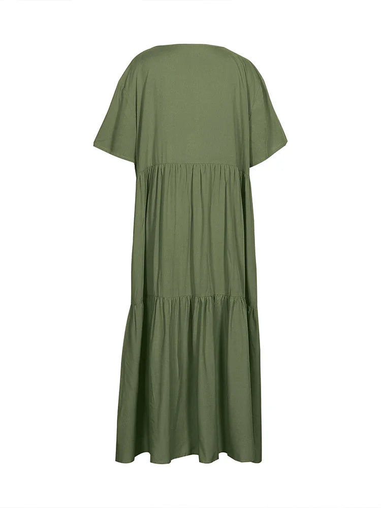 Plus Size 2025 Summer New V-neck Short Sleeve Pleated Solid Colour Loose Casual Midi Dress Basic Hem Pleated
