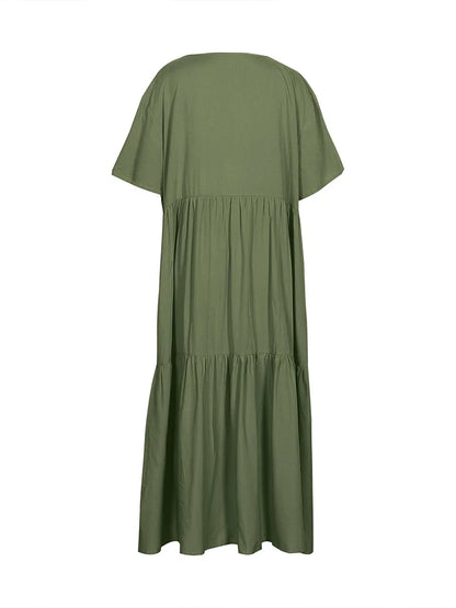 Plus Size 2025 Summer New V-neck Short Sleeve Pleated Solid Colour Loose Casual Midi Dress Basic Hem Pleated