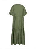 Plus Size 2025 Summer New V-neck Short Sleeve Pleated Solid Colour Loose Casual Midi Dress Basic Hem Pleated
