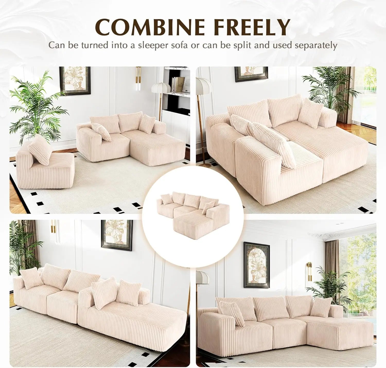118" Compressed Sofa for Living Room L Shaped Boneless Couch, Modular Sectional Sofa, Sofa Bed Memory Foam Couches with Chaise