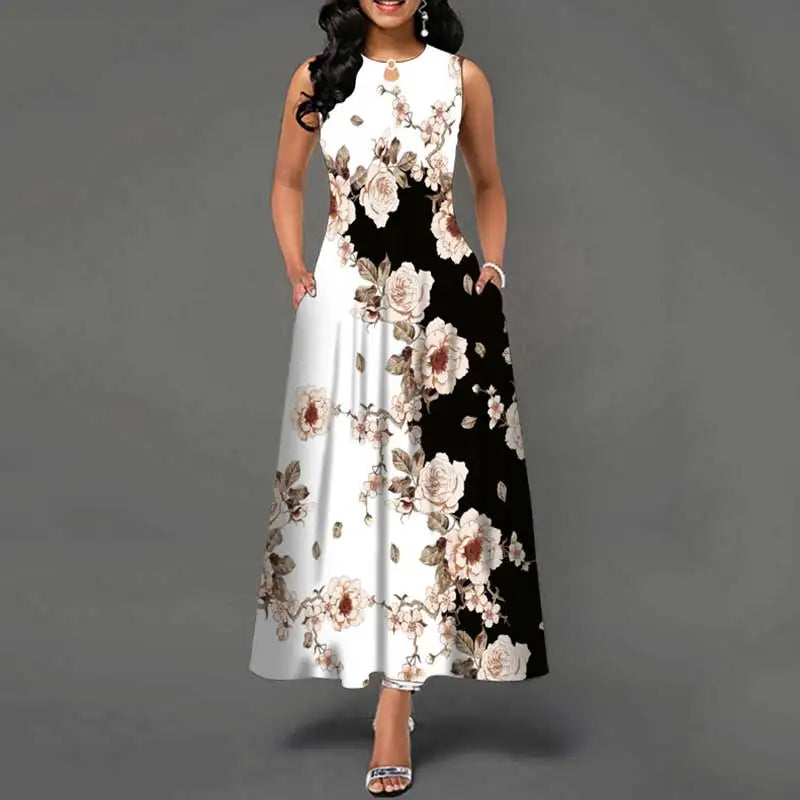 Vestido largo sin mangas europeo y americano de verano para mujer, falda larga con estampado de flores, falda larga holgada Retro bohemia