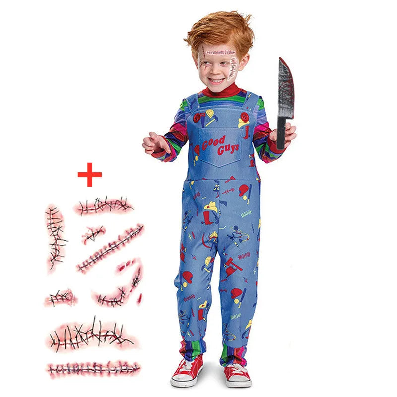 Disfraz de Chucky para Halloween, pantalones con pechera para niños, incluye mono, disfraz de terror de Halloween, regalo, pegatinas de cicatrices