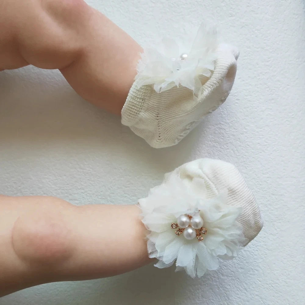 Lovely Pearl Bows Baby Headband Socks Set Non-Slip Cotton Sock Lace Flower Newborn Hair Band Turban Girl Hair Accessories