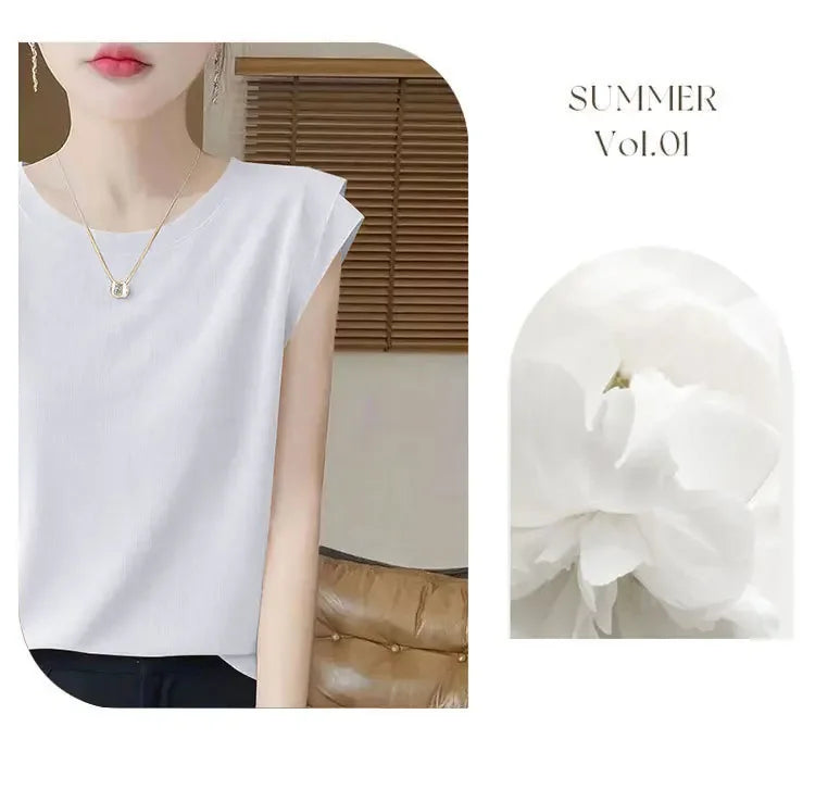 Summer Ice Silk Loose Fashionable Simple Pure Color round Neck Fly Sleeve T Shirt Women Short Sleeve Simple Style Crew Neck