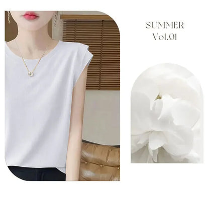Summer Ice Silk Loose Fashionable Simple Pure Color round Neck Fly Sleeve T Shirt Women Short Sleeve Simple Style Crew Neck
