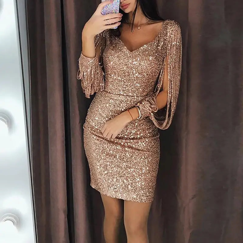 Women Sequin Dress Glitter Sparkle Sexy Deep V Neck Short Dress Above Knee Length Long Tassel Sleeve