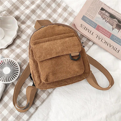Women's Mini Backpack Fashion Solid Color Corduroy Small Simple Casual Traveling Large Capacity Durable Female's Schoolbag