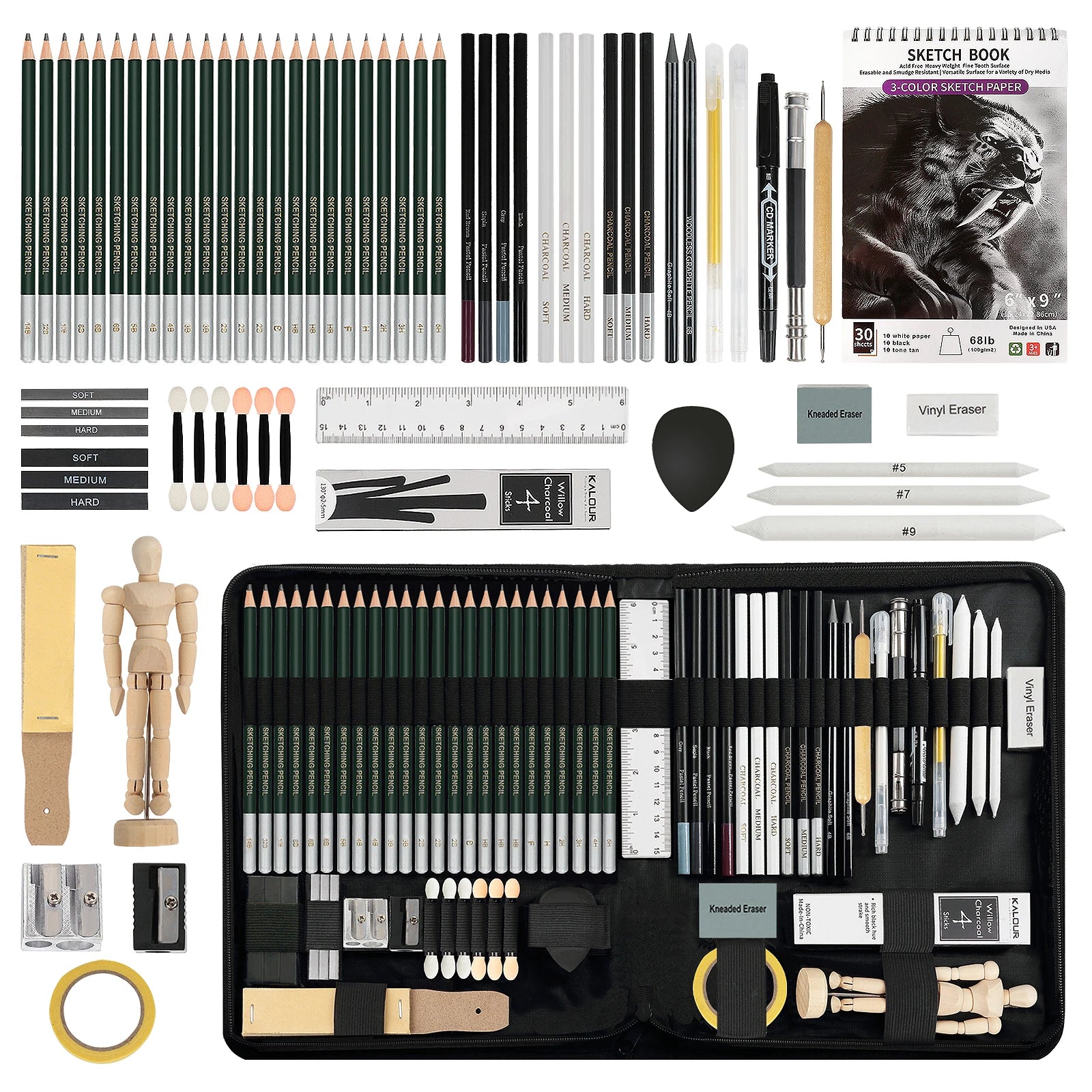20/54/58/70/144 Drawing And Sketching Kit | Portable Travel Case | Graphite, Charcoal, White Color | Featuring Blending Stump