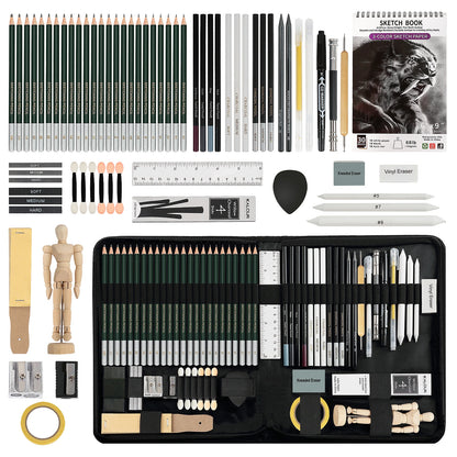 20/54/58/70/144 Drawing And Sketching Kit | Portable Travel Case | Graphite, Charcoal, White Color | Featuring Blending Stump