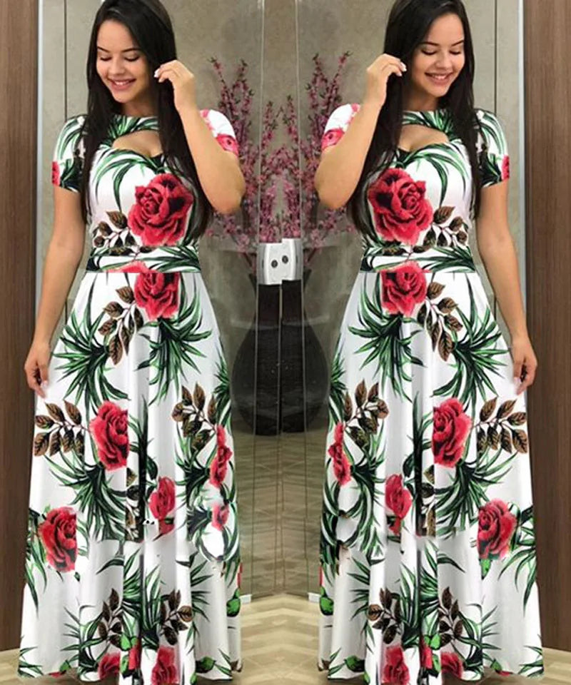 Elegant Spring Women's Dress Casual Fashion Floral Print Short Sleeve Super Long Dress 2023 New Fashion Hollow Out Long Dresses