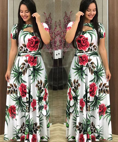 Elegant Spring Women's Dress Casual Fashion Floral Print Short Sleeve Super Long Dress 2023 New Fashion Hollow Out Long Dresses
