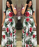 Elegant Spring Women's Casual Fashion Floral Print Short Sleeve Super Long Dress 2023 New Fashion Hollow Out Long Dresses