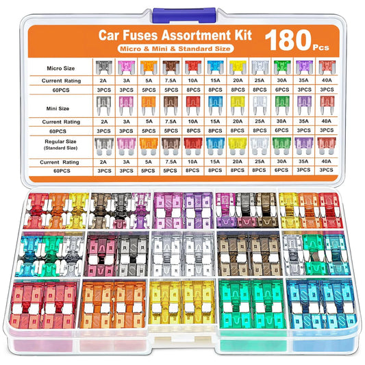 180-piece assorted car fuse kit, 60 mini blade car fuses + 60 standard automotive fuses + 60 micro fuses + fuse puller