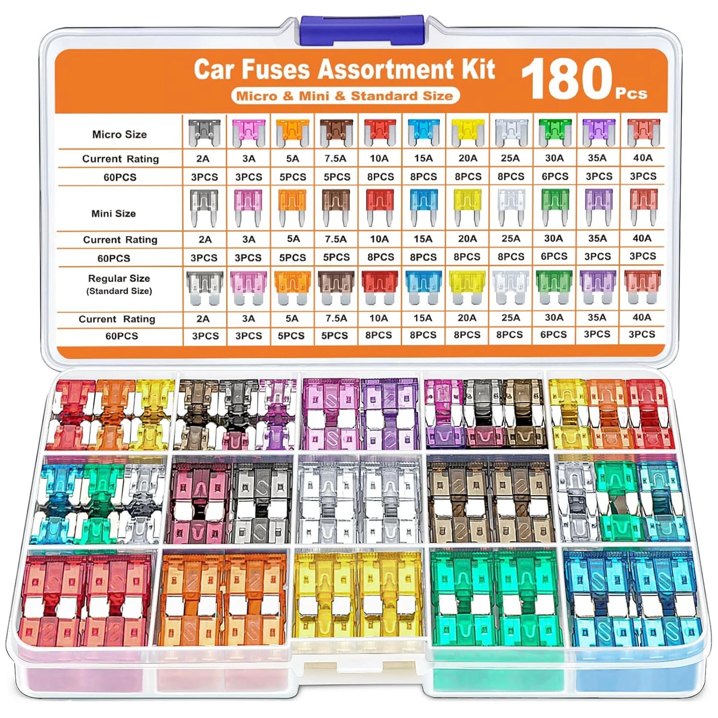 Kit surtido de 180 fusibles para coche: 60 minifusibles de cuchilla, 60 fusibles estándar, 60 microfusibles y extractor de fusibles.