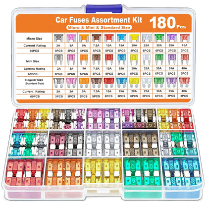 Kit surtido de 180 fusibles para coche: 60 minifusibles de cuchilla, 60 fusibles estándar, 60 microfusibles y extractor de fusibles.