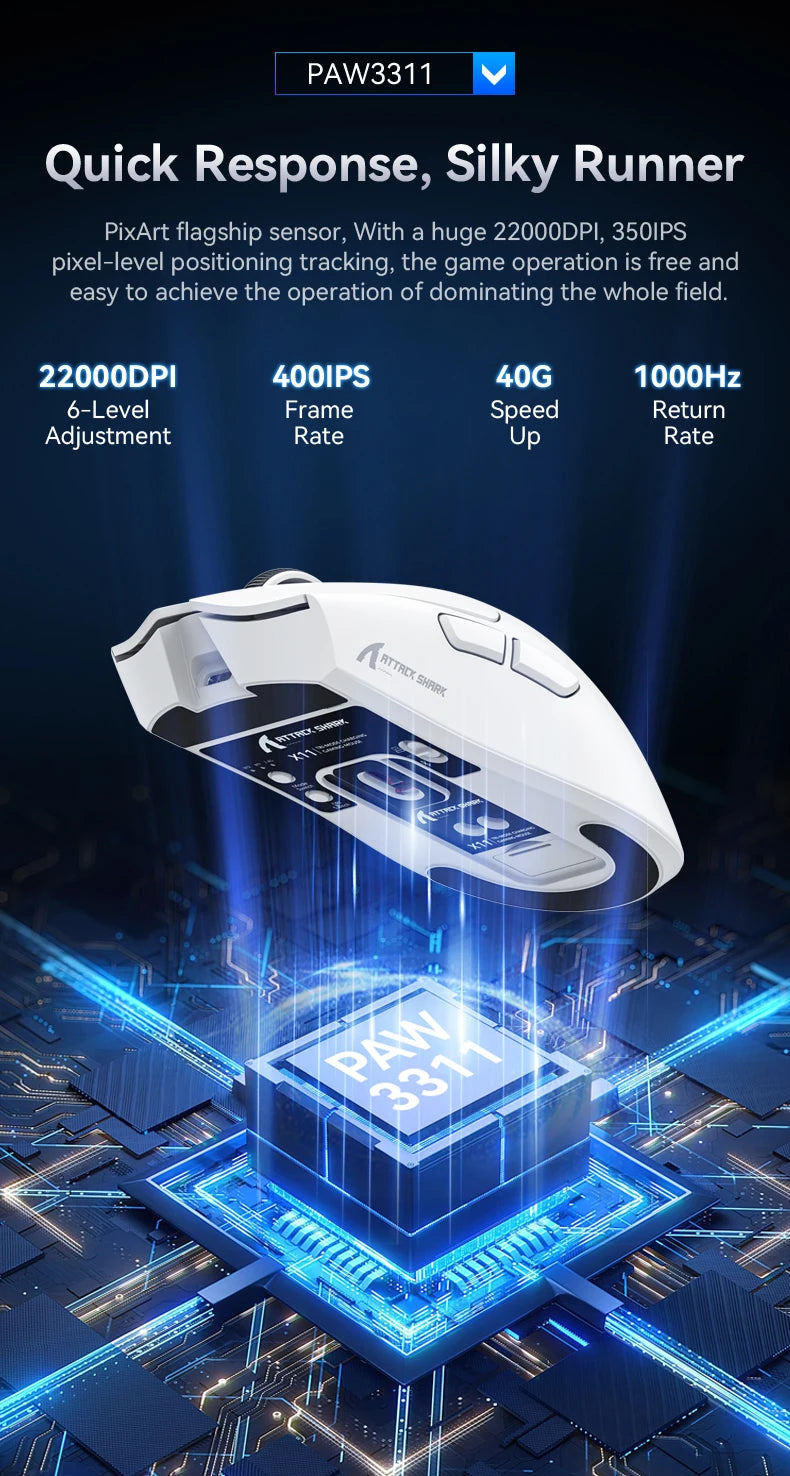 Attack Shark X11 Wireless Mouse Paw3311 22000DPI Buletooth Three Mode Rgb Charging Dock Lightweight Game E-Sports Mouse Laptop