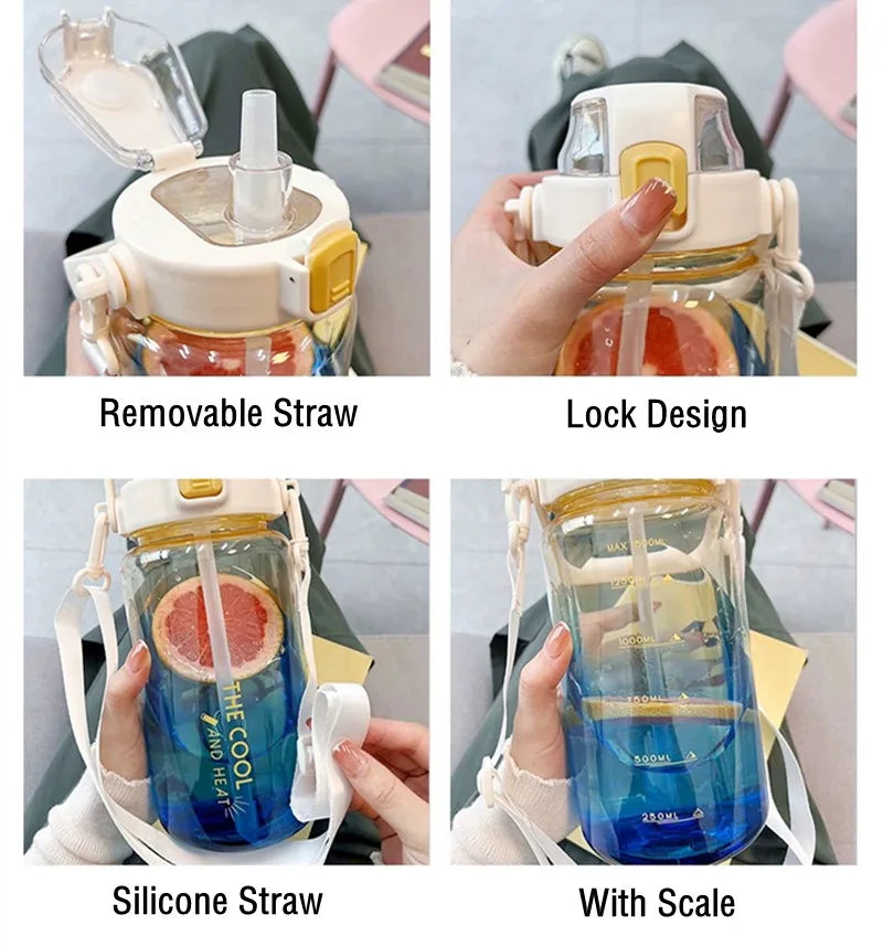 2000ml High Quality Sport Water Bottle With Straw Gym Fitness Outdoor Camping Cycling Hiking Drinking Plastic Bottles With Strap