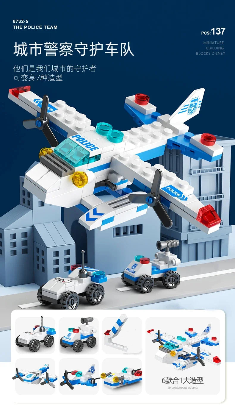 6IN1 Building Blocks City Fire Car Police Truck Engineering Crane Tank Helicopter Bricks Set Toys for Children Kids