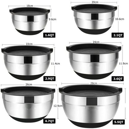Mixing Bowls with Lids and Non-Slip Bases, Stainless Steel Mixing Bowls Set for Baking, Nesting Storage Bowls, JT227, 6 Pcs
