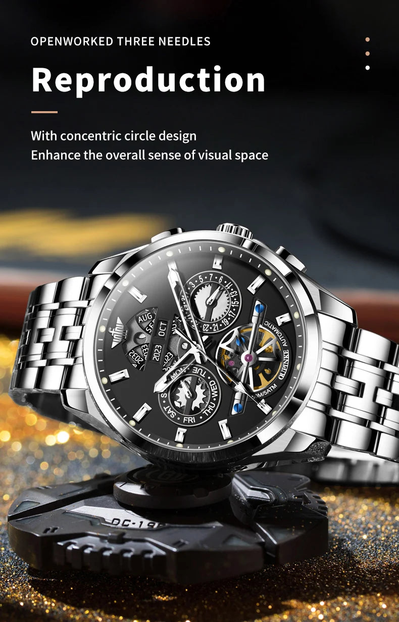 OUPINKE 3251 Skeleton Flywheel Automatic Watch for Men Stainless Steel Waterproof Wristwatch Luxury Sapphire Mirror Men's Watch