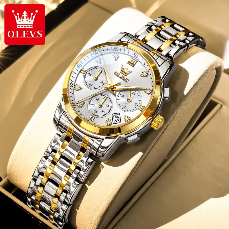 Relógio feminino Olevs de luxo quartzo a prova de agua calendário de pontos elegantes em estilo diamante