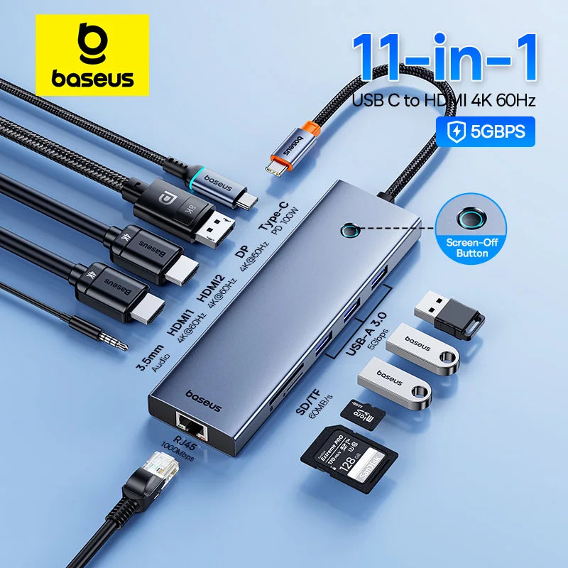 Baseus USB Hub DP 4K Dual HDMI Adapter 11 in 1 Splitter RJ45 USB 3.0 PD 100W Docking Station for MacBook Pro Air M2 M1 USB C HUB