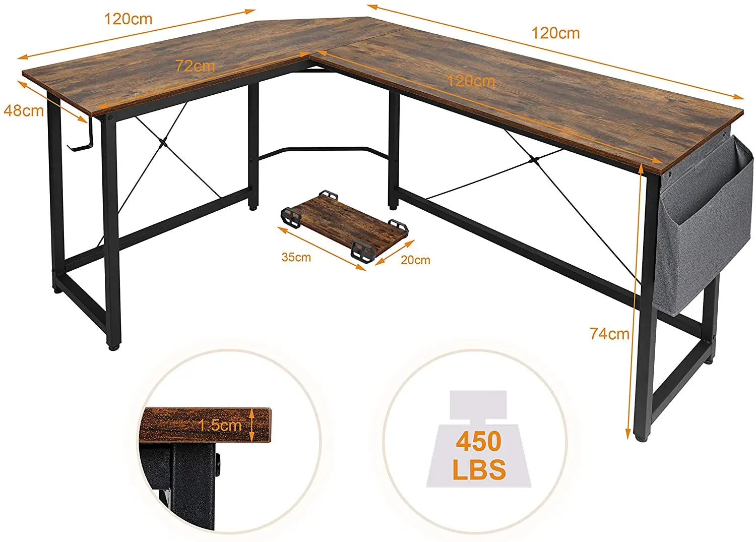 Escritorio en forma de L Homfa de 170 cm (66,5") para ordenador, gaming, portátil, oficina, mesa de trabajo esquinera, escritorio de estudio, 170 x 120 x 75 cm