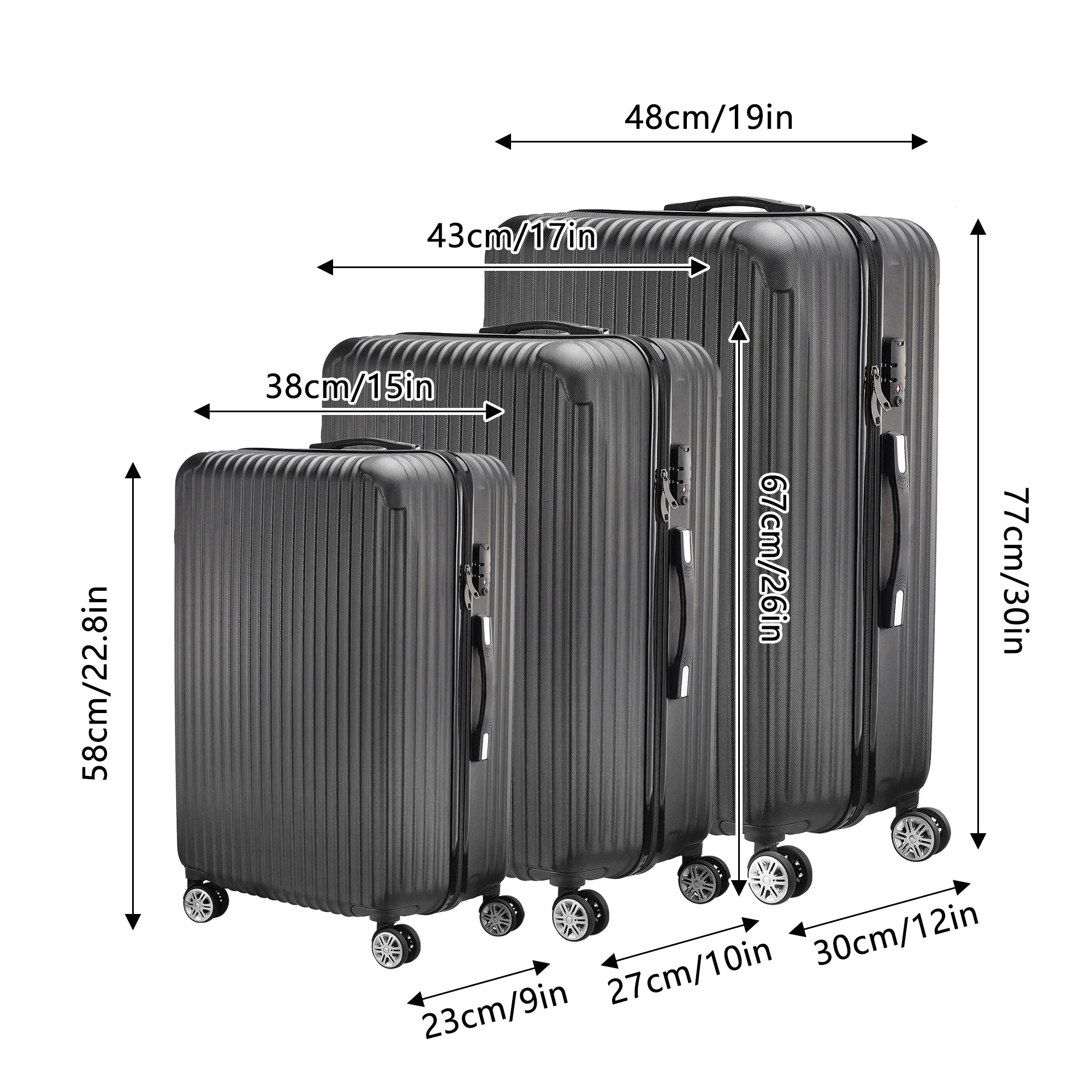 Comanlai Twin-Wheeled Suitcase Set with TSA Password Lock, ABS Trolley Luggage with 4 Universal Wheels, M L XL Sizes, Black