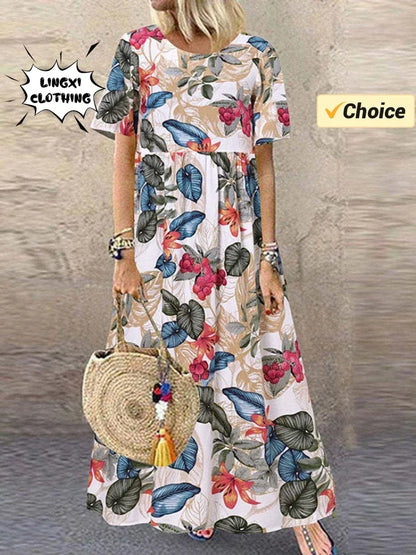Vestido de festa elegante 2024 feminino elegante plus size saia solta em torno do pescoço manga curta retro impressão casual vestido longo feminino