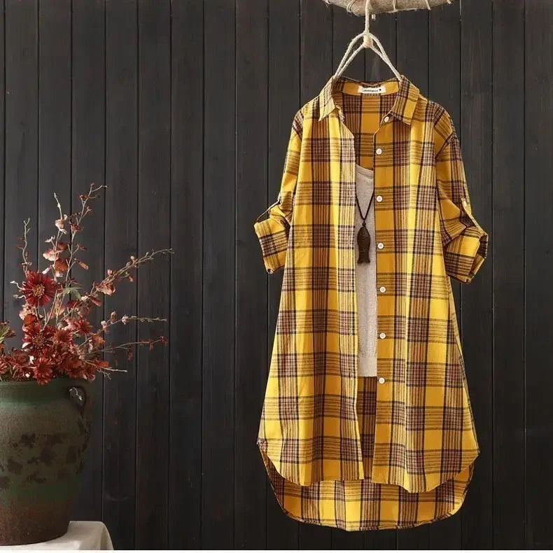 Plaid Medium Long Blouses Casual Style Loose Shirts Female Summer Beach Sunscreen Blouses Fashion Korean Style Female Blouses