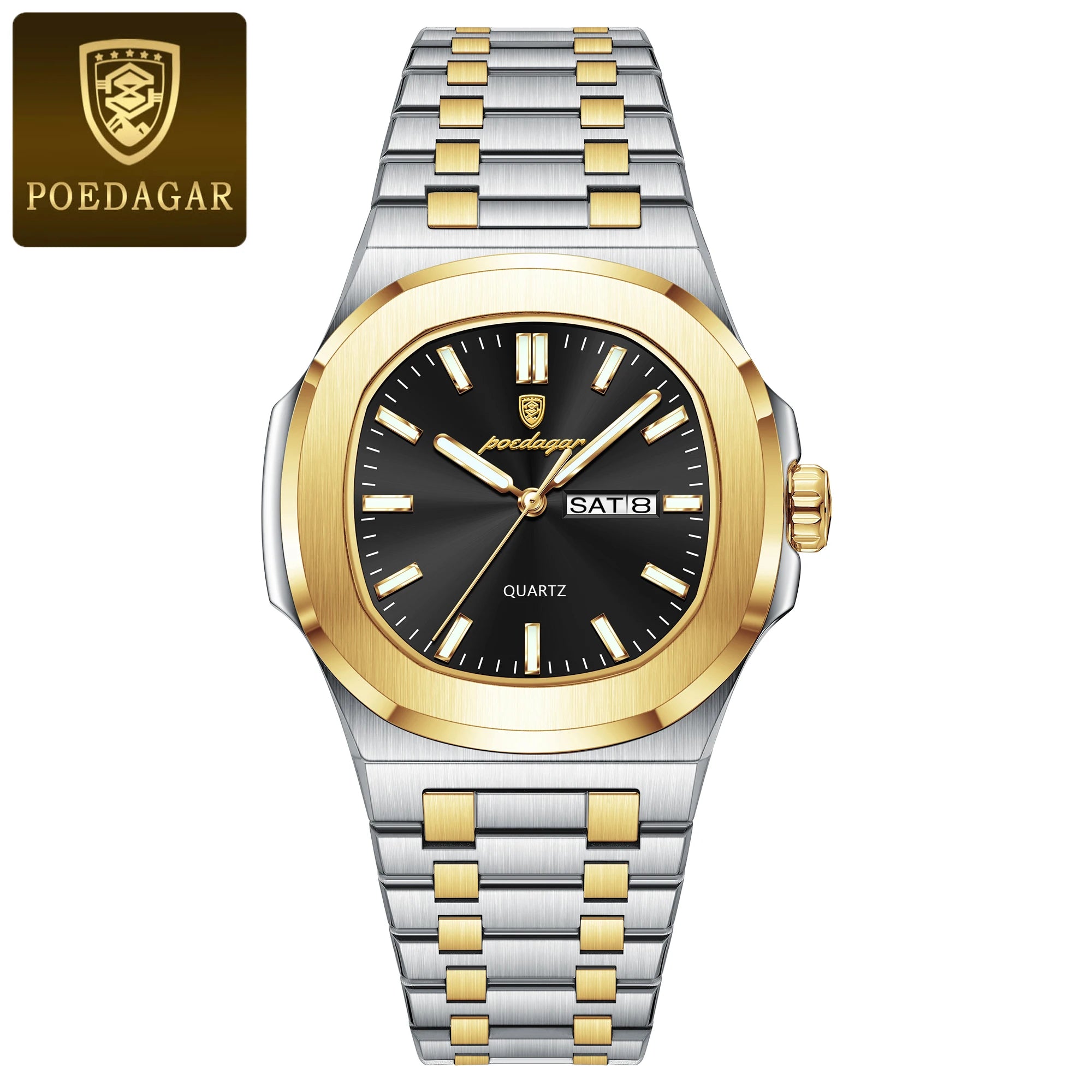 POEDAGAR Luxury Military Men's Watch Square Waterproof Luminous Date Week Men Watch Stainless Steel Quartz Men's Watches Reloj+box