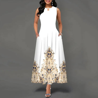 Vestido longo sem mangas com decote em v feminino, vestidos retrô boêmios, estampa floral, swing, casual, novo