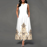 Women's V-neck Sleeveless Long Dress Retro Bohemian Dresses Floral Print Swing Casual New 