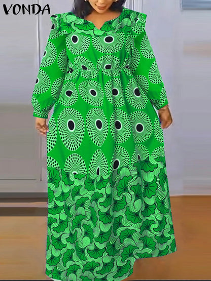 Vestido largo con estampado bohemio VONDA de talla grande 5XL para mujer, manga larga tipo farol, elegante, cuello en V, para vacaciones