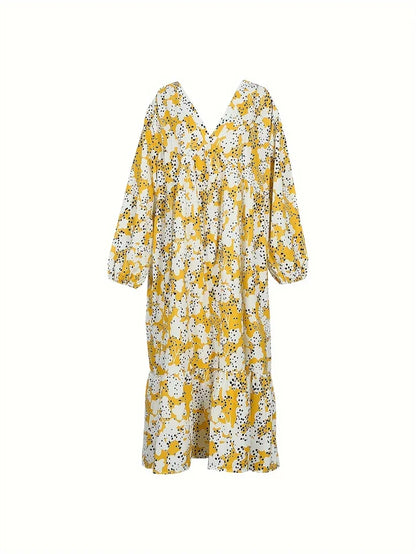 Plus size feminino floral impressão lanterna manga espartilho vestido primavera verão nova manga longa com decote em v vestidos longos