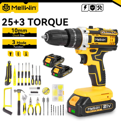 MELLWIN 25+3 Torque Electric Impact Drill 2 Gear Speed Adjustable Cordless Electric Screwdriver Power Tool For 21V-18V Battery